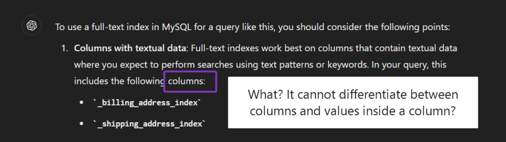 ChatGPT query challenges immediately noticeable. Here it can't differentiate between columns and values in a column