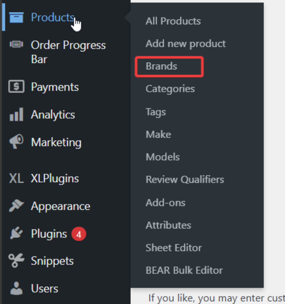 Screenshot of the WooCommerce Products menu in WordPress, with the newly added "Brands" option highlighted in red. This change in WooCommerce 9.6.1 Update is causing conflicts with existing brand taxonomies, leading to 404 errors on brand pages.