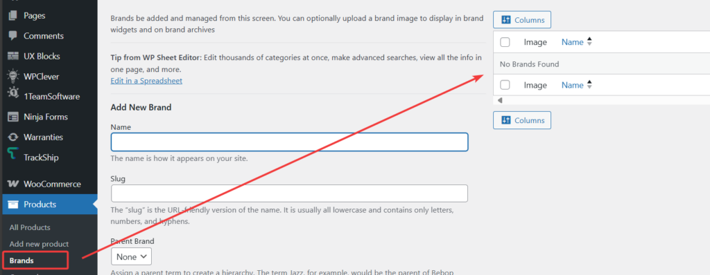 Screenshot of the WooCommerce Brands settings page. The table is empty, displaying "No Brands Found." This issue occurs because the WooCommerce 9.6.1 update introduced a new brand taxonomy, overriding previous brand attributes and causing a WooCommerce brands plugin issue.