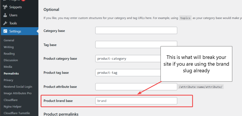 Screenshot of WordPress Permalink settings, highlighting the "Product Brand Base" field set to 'brand.' This default setting in the WooCommerce 9.6.1 update is taking over existing brand slugs, leading to WooCommerce update problems with brands and causing 404 errors on brand pages.