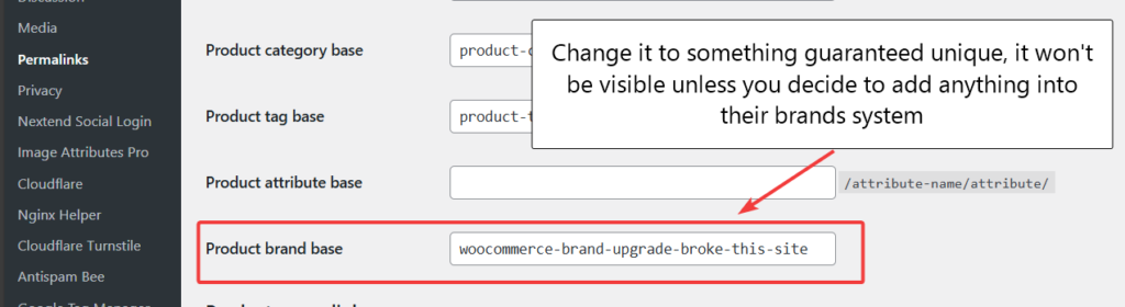 Screenshot of the WordPress Permalink settings, showing the "Product Brand Base" field updated to a unique string. This manual change is necessary to fix the WooCommerce broken brands issue caused by the WooCommerce 9.6.1 update.