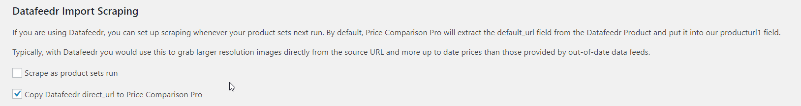 Datafeedr integration settings in Price Comparison Pro plugin