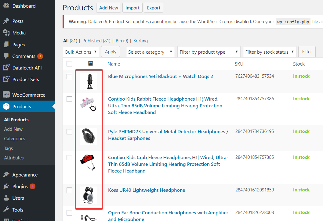 The added thumbnails on the products page in wp-admin