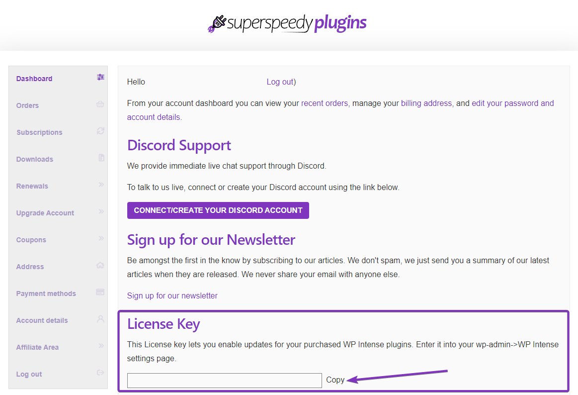 Super Speedy Plugins Account page with and arrow pointing at the license key area. This is where the user's license key is located