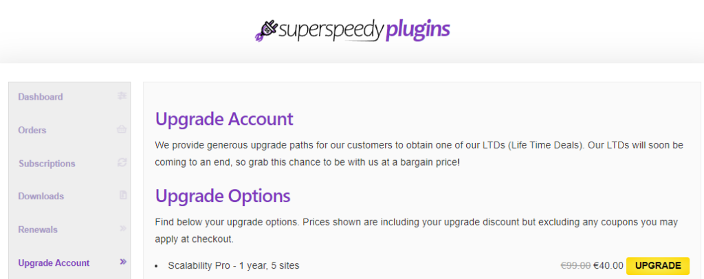 New Super Speedy Plugins upgrade options added to account page